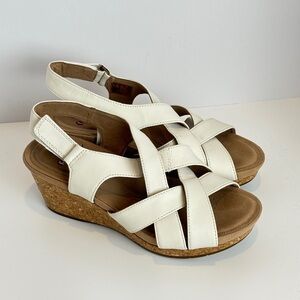 Clarks Annadel Pearl White Leather Crisscross Wedge Sandal Size 9 M